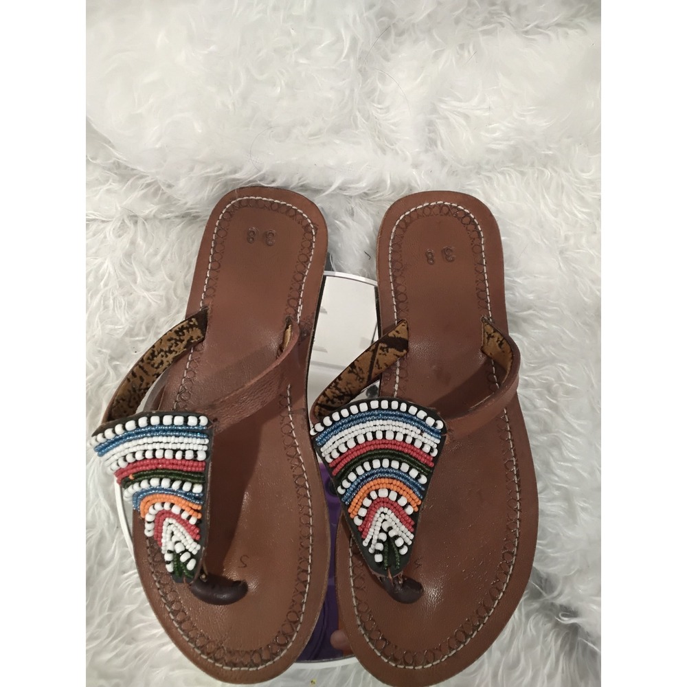 Womens‎ Brown Leather Beaded Thong Sandals Size 38/7 Boho Tribal